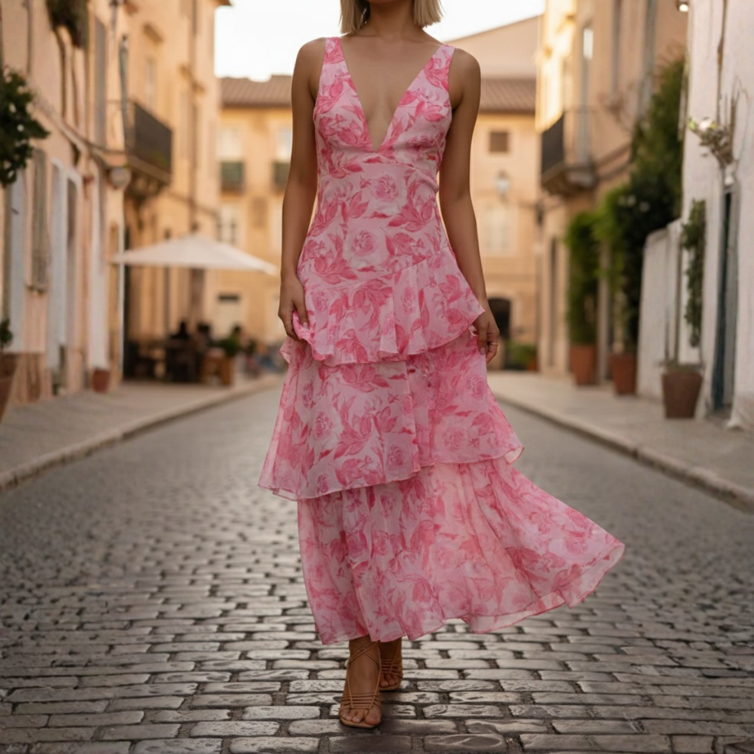Abito Lungo Donna Scollo a V Balze Stampa Floreale