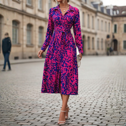 Abito Midi Donna a Fantasia con Cintura e Bottoni