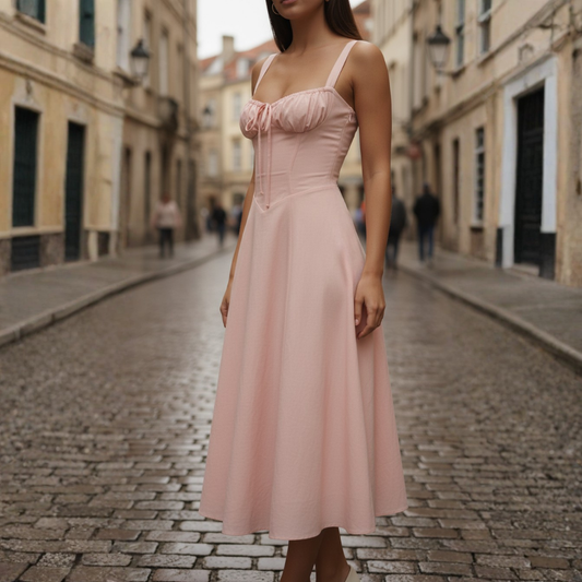 Abito Midi Donna con Corpetto Stringato e Gonna a Ruota