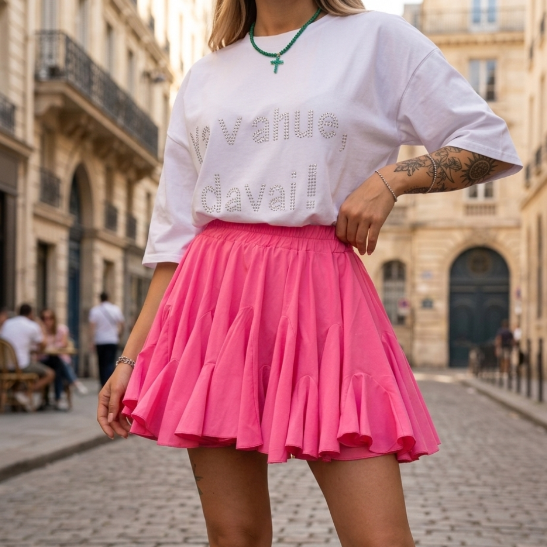 Gonna Mini Donna a Balze con Vita Alta Elasticizzata