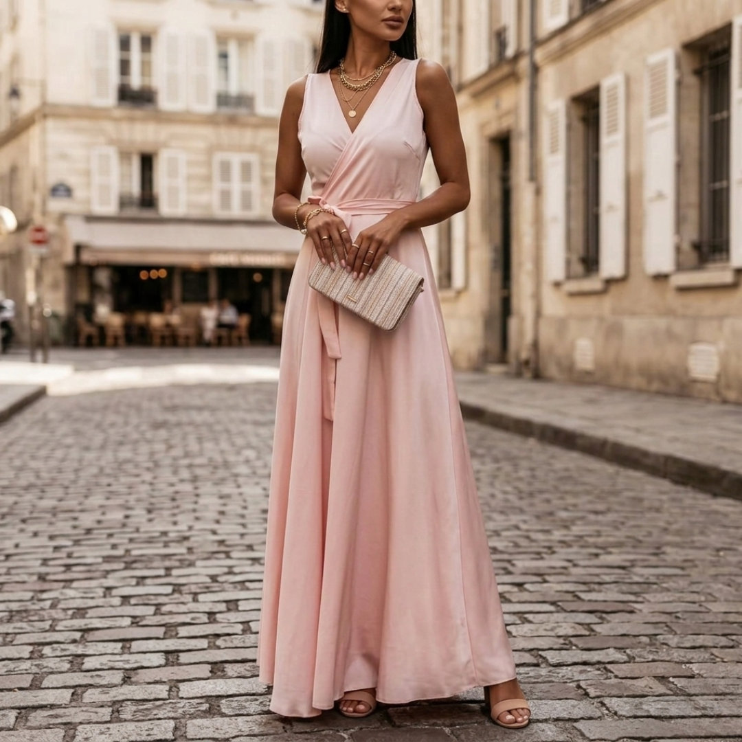 Abito Maxi Donna Elettrico con Scollo a V e Cintura