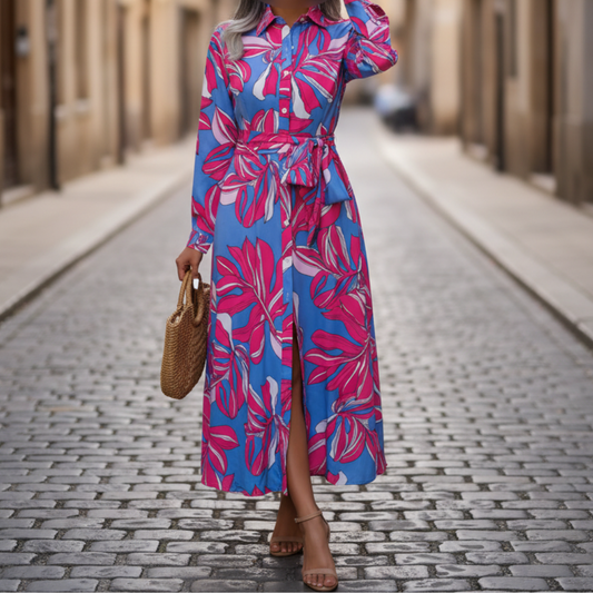 Abito Camicia Maxi Donna con Stampa Floreale Maniche Lunghe e Bottoni