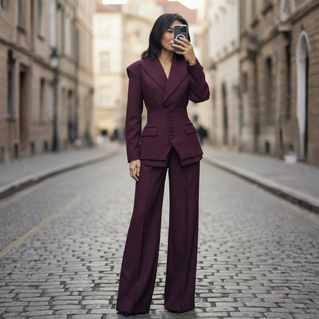 Completo Donna Blazer Monopetto e Pantaloni a Vita Alta a Gamba Larga