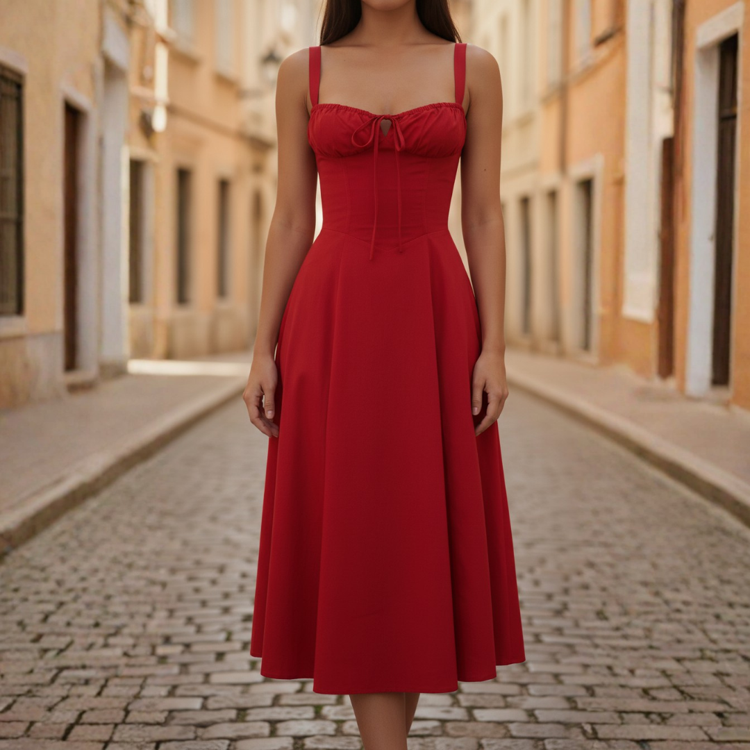 Abito Midi Donna con Corpetto Stringato e Gonna a Ruota