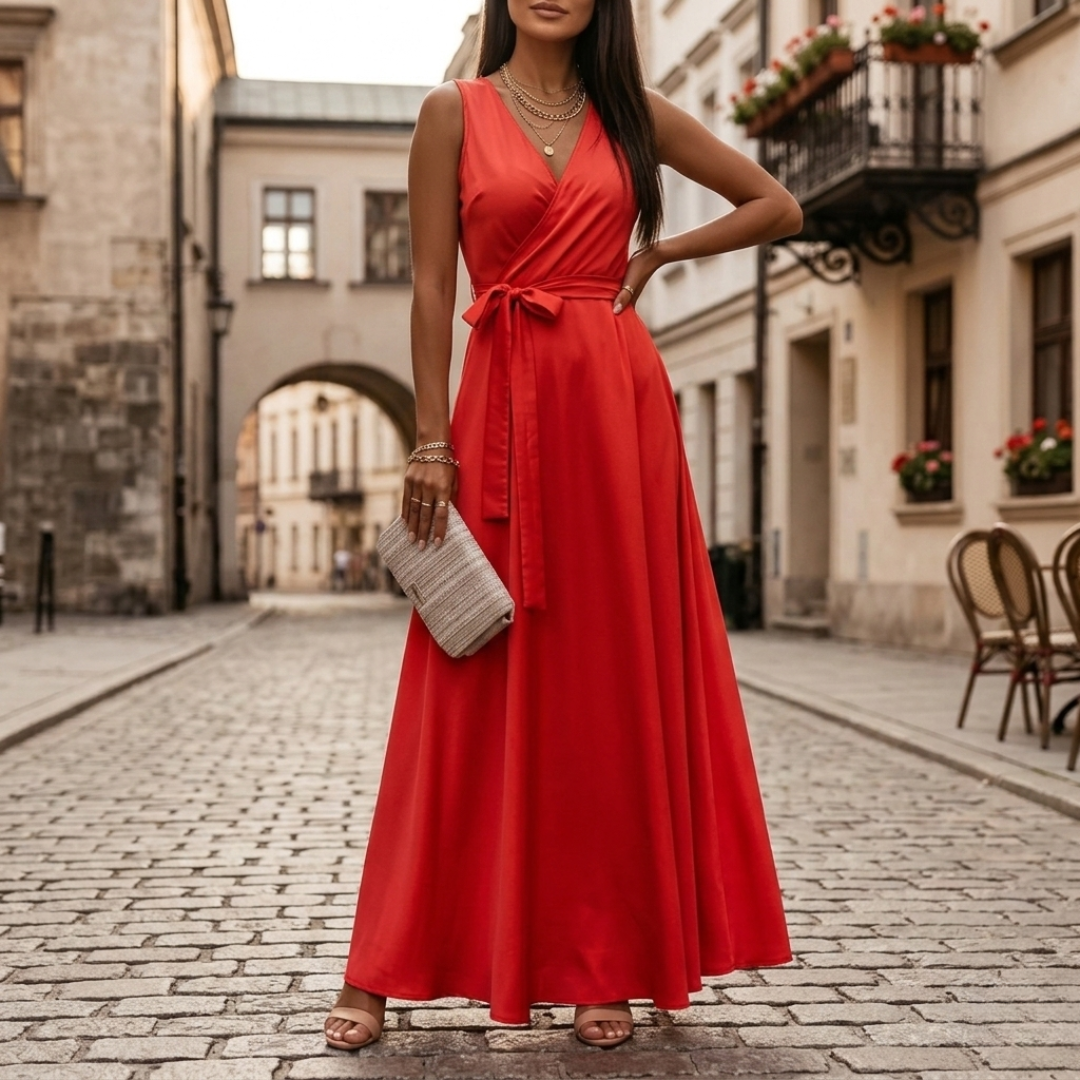Abito Maxi Donna Elettrico con Scollo a V e Cintura
