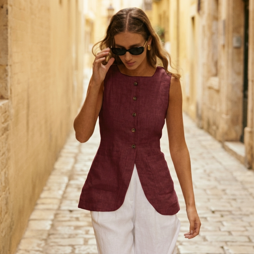 Gilet Donna in Lino Senza Maniche con Bottoni