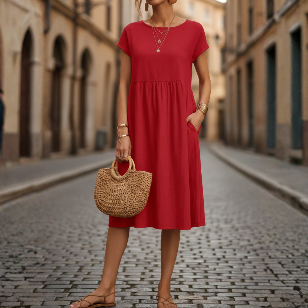 Abito Midi a Balze Maniche Corte Girocollo Donna