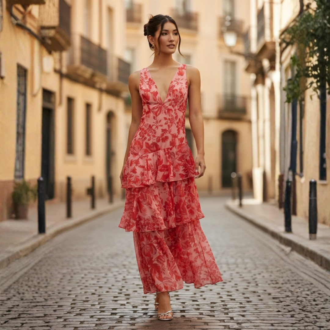 Abito Lungo Donna Scollo a V Balze Stampa Floreale