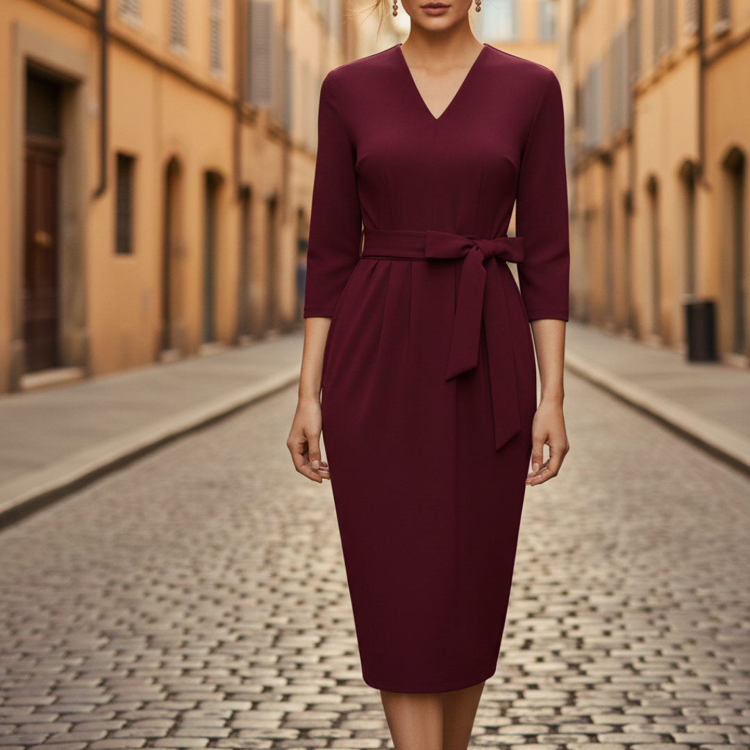 Abito Midi Donna Ottanio con Scollo a V e Cintura