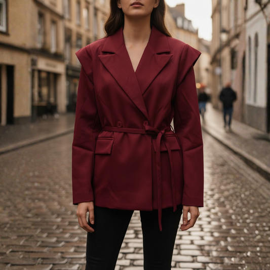 Giacca Blazer Donna con Cintura e Spalle Strutturate