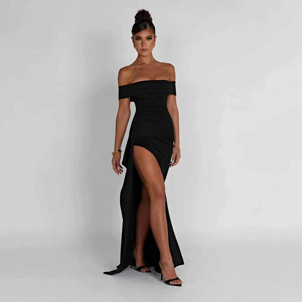 Abito Donna Lungo Raso Spalle Scoperte con Spacco – Elegante