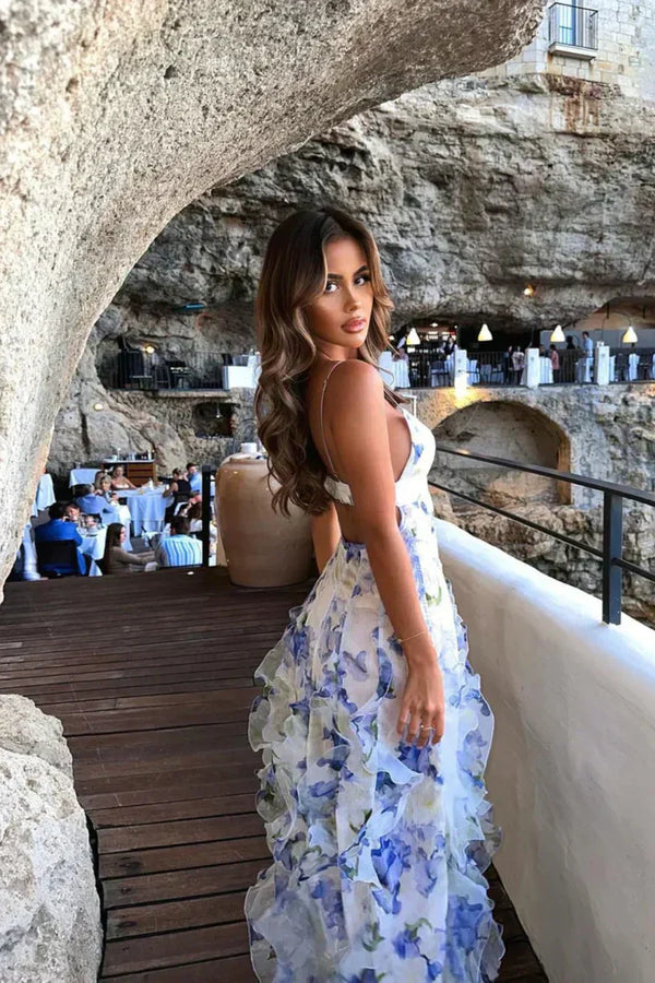 Abito Donna Floreale Maxi Smanicato con Scollo a V