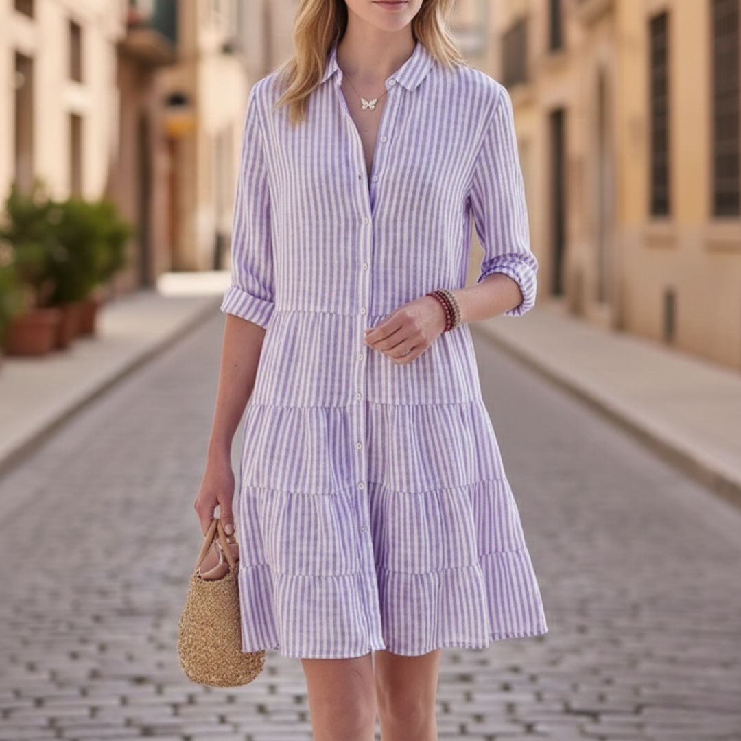 Abito a Camicia a Balze a Righe con Bottoni Donna