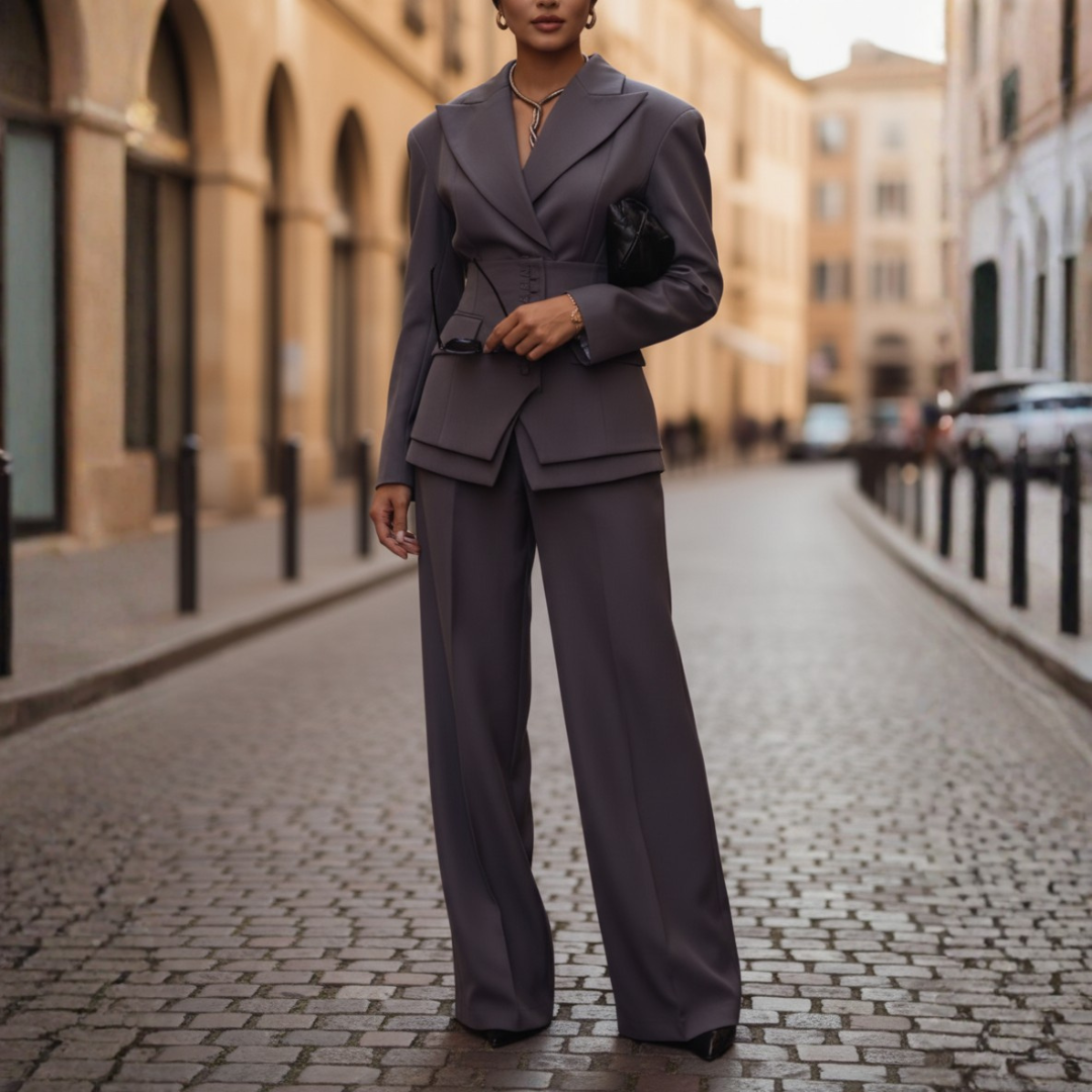 Completo Donna Blazer Monopetto e Pantaloni a Vita Alta a Gamba Larga