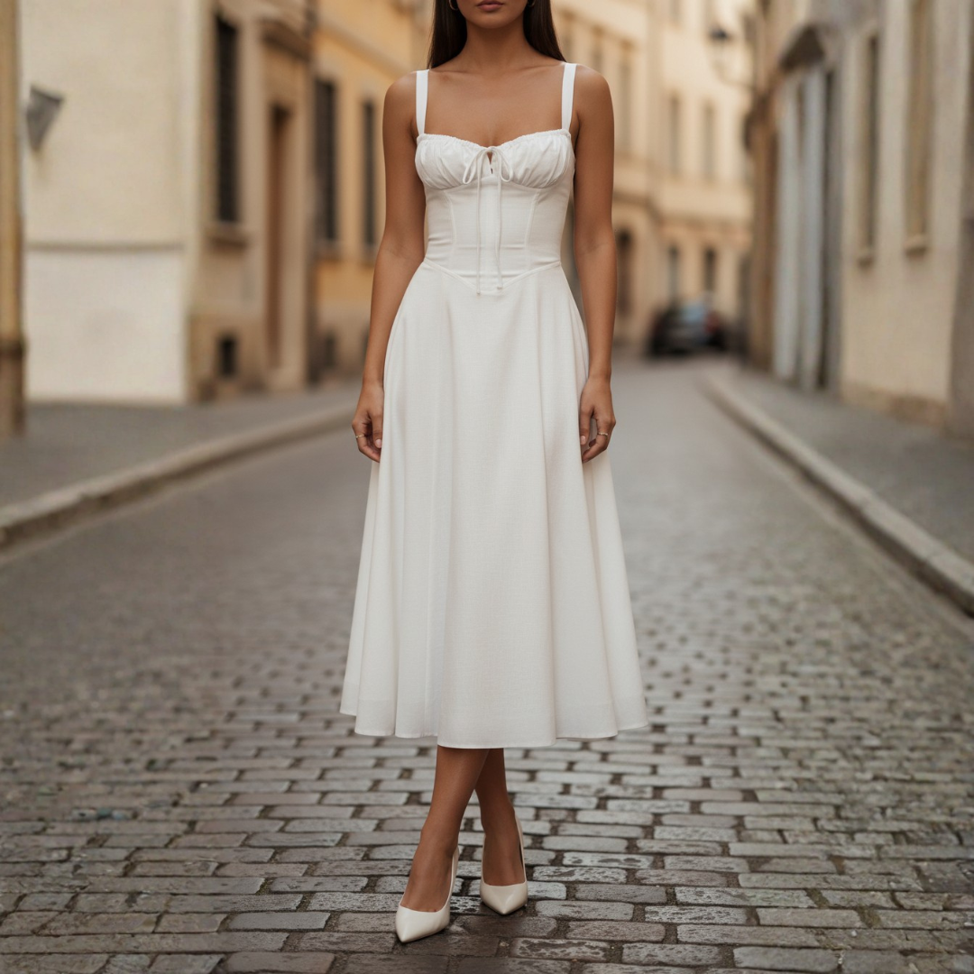 Abito Midi Donna con Corpetto Stringato e Gonna a Ruota