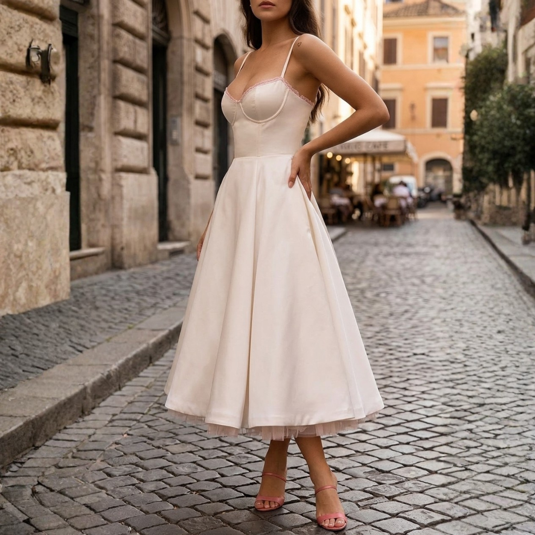 Abito Midi Donna in Raso con Corpetto e Spalline