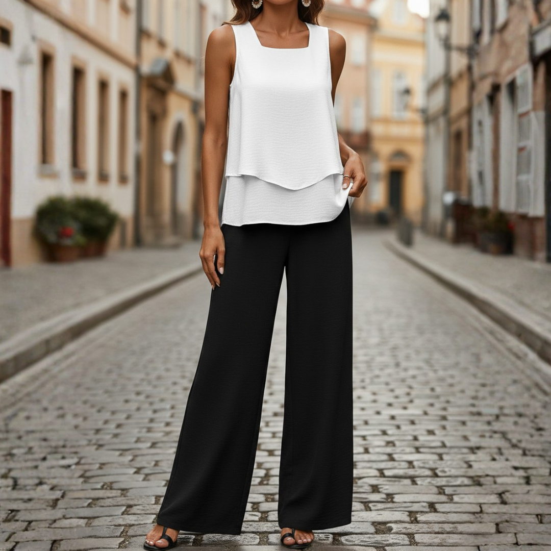 Completo Due Pezzi Top a Strati Senza Maniche Pantaloni Larghi Donna