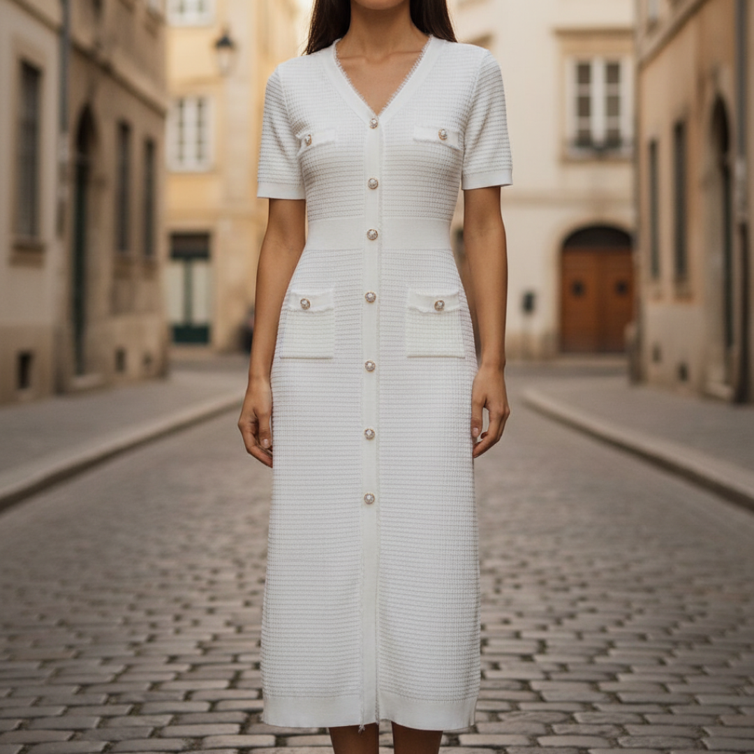Abito Midi Donna in Maglia con Bottoni e Frange