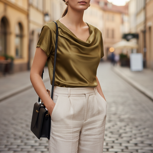 Blusa Satinata Donna Maniche Corte Collo Cowl