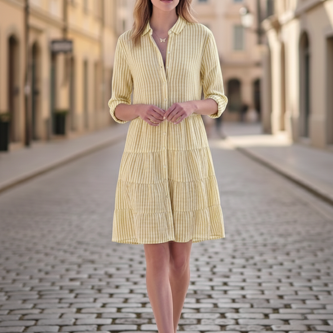 Abito a Camicia a Balze a Righe con Bottoni Donna