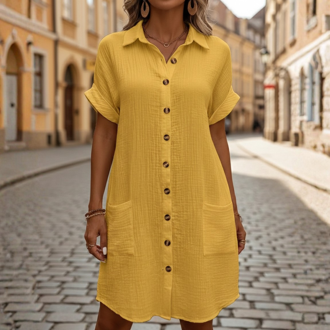 Abito Mini Scollo a V Maniche a 3/4 in Cotone e Lino Donna