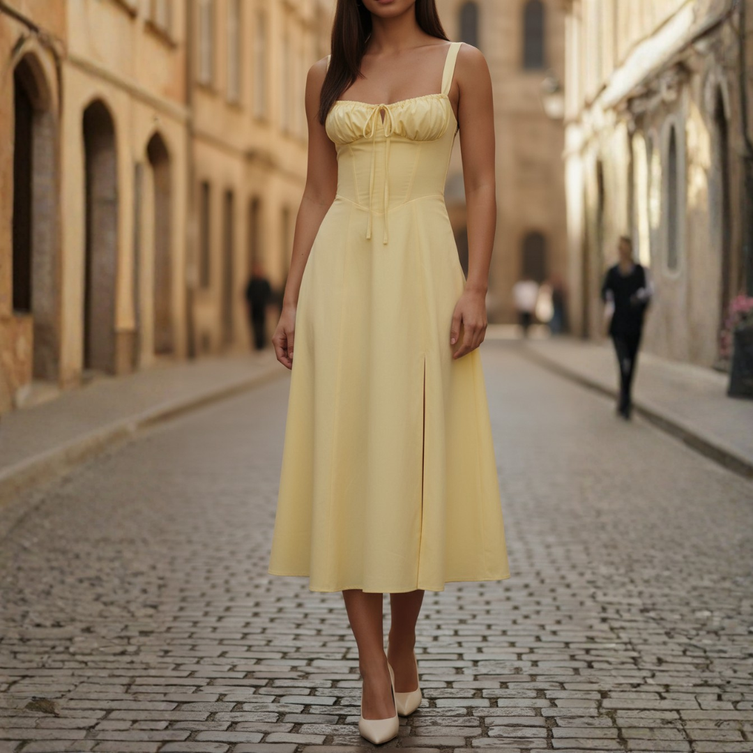 Abito Midi Donna con Corpetto Stringato e Gonna a Ruota