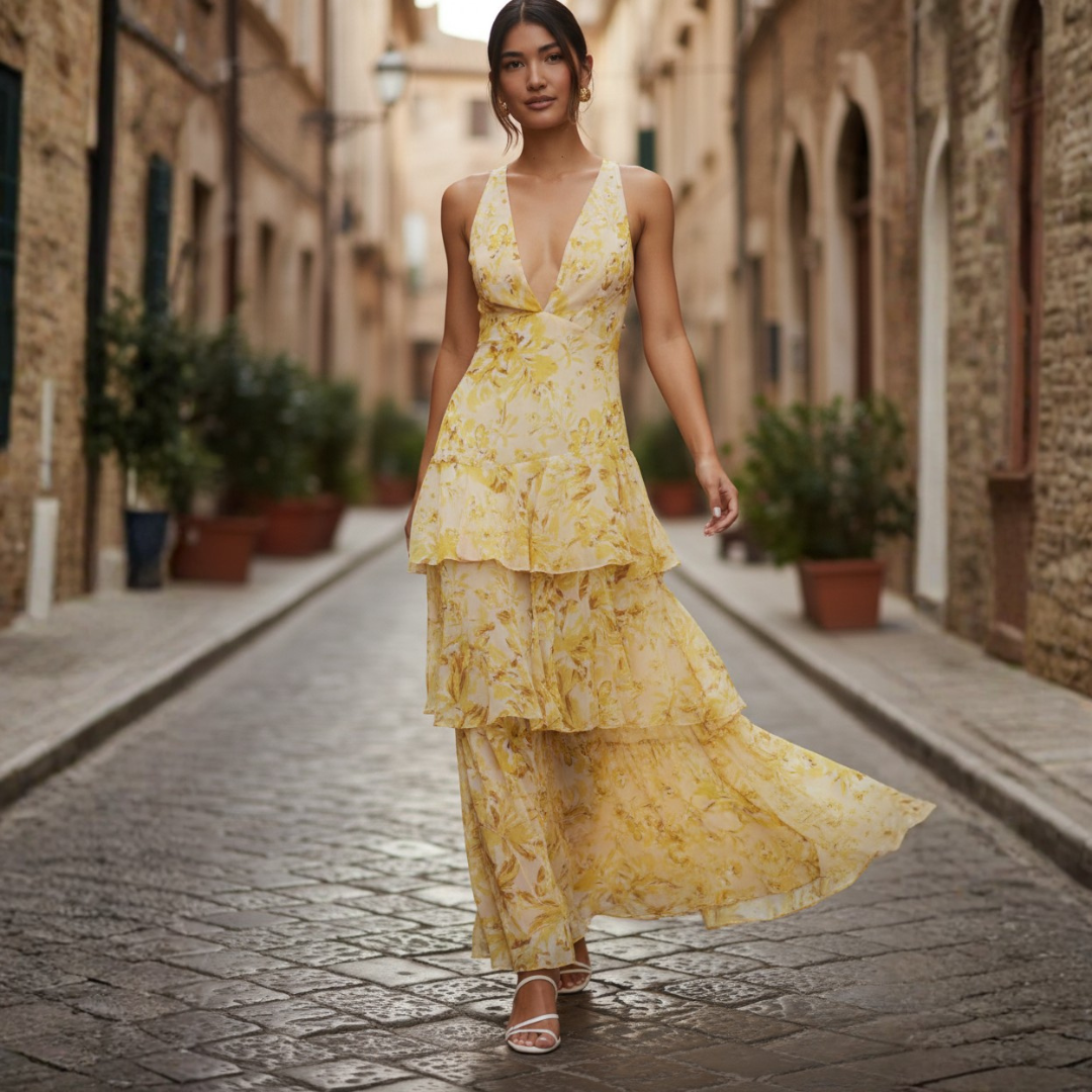 Abito Lungo Donna Scollo a V Balze Stampa Floreale